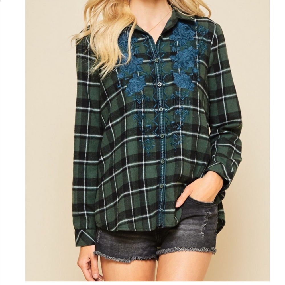 Plaid embroidered button up with flower pattern